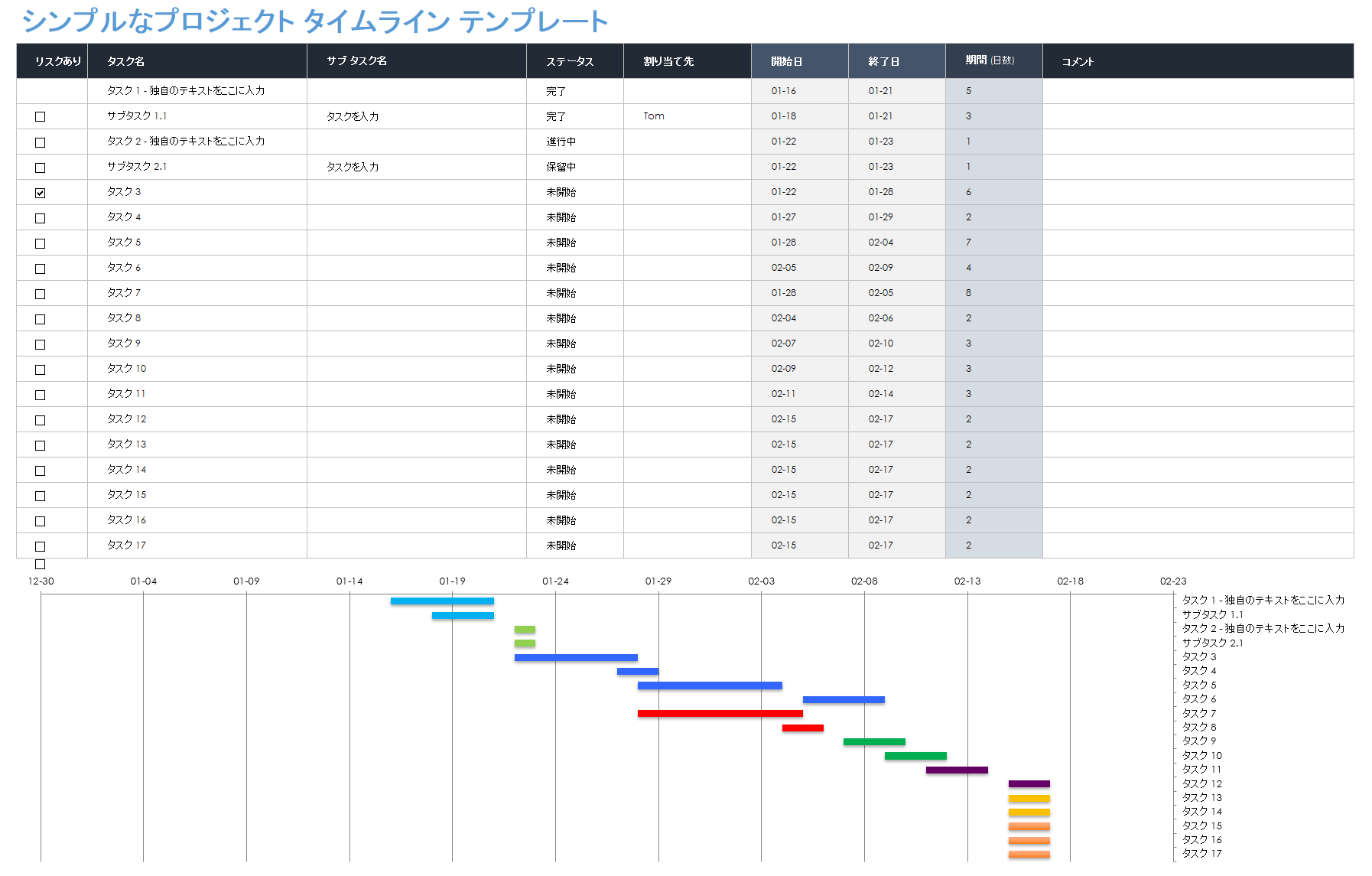 Excel 用のシンプルなプロジェクト タイムライン テンプレート