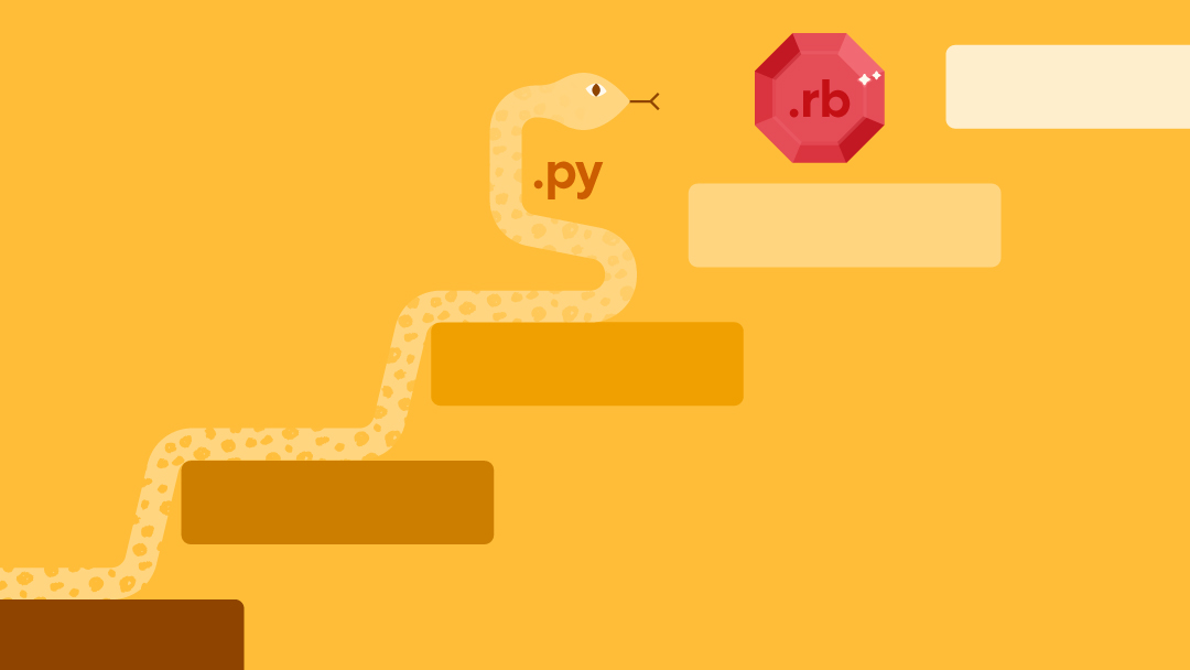 Steps with a python (.py) gliding upwards towards a ruby (.rb)