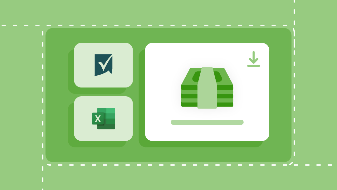 A stack of wrapped currency, plus template download icons for Smartsheet and Excel.